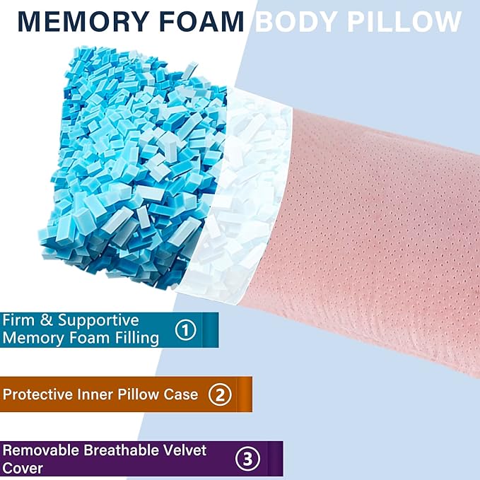 1 MIDDLE ONE Body Pillow, Memory Foam Body Pillows for Adults Sleeping, Long Pillow for Bed, Big Large Firm Full Body Pillow for Side Sleeper, 20x54 Inch, Light Pink