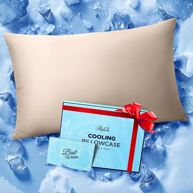 Ice Cooling Pillowcase for Hot Sleepers, Instantly Cool, Stays Cold All Night, Softer Than Silk Pillow Cases, Pillow Covers with Invisible Zipper, Gift for Men & Women - King Size, Beige (1 Pack)