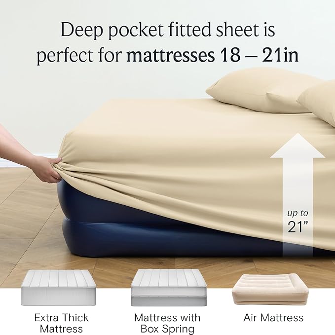 LuxClub 4 PC Queen Sheet Set, Queen Size, Deep Pockets 18" Wrinkle Free Cooling Bed Sheets Machine Washable Hotel Bedding Silky Soft - Cream Queen