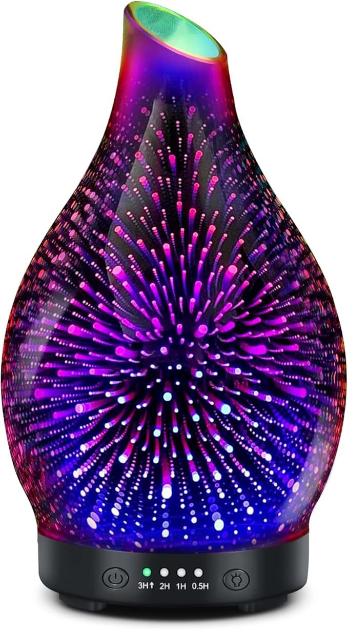 Essential Oil Diffuser 150ML -3D Firework Glass Aromatherapy Diffusers for Essential Oils with 4 Timer Setting Auto Shut-Off Silent Operation 7 Colors Lights Changing, Mothers Day for Room, Office