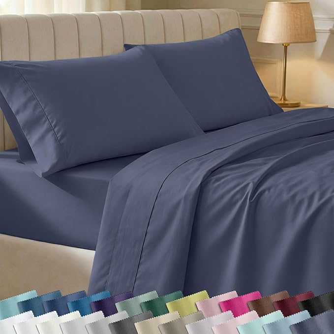 California Design Den Soft 100% Cotton Split King Bed Sheets Set, 400 TC Good Housekeeping Award Winner, Smooth Sateen, Deep Pockets, Cozy & Durable Split King Bedding Set - Indigo Dusty Blue