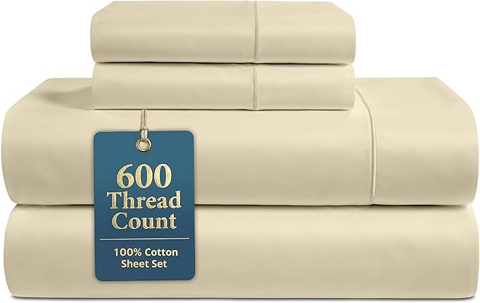LANE LINEN King Size Bed Sheet Set – 600 Thread Count Long-Staple 100% Cotton Sheet Set King Size, Hotel Premium Soft Silky Sateen Finish, Durable Bedding Set, Elasticised 15" Deep Pocket – Linen