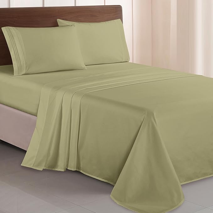 Elegant Comfort Luxurious 1500 Premium Hotel Quality Microfiber Three Line Embroidered Softest 4-Piece Bed Sheet Set, Wrinkle and Fade Resistant, King, Sage-Green