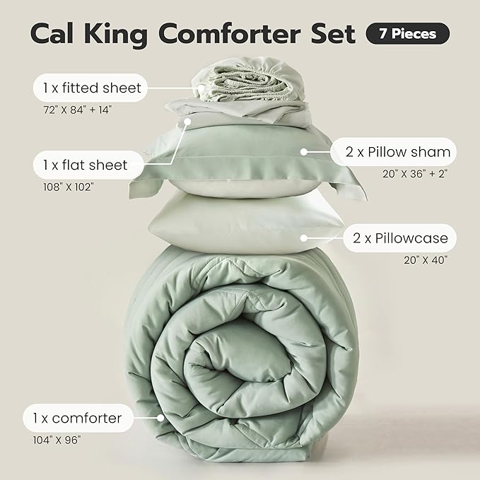 Joiedomi California King Comforter Set with Sheets Sage Green, 7 Pieces Bedding Set with 1 Down Alternative Comforter, 1 Flat Sheet, 1 Fitted Sheet, 2 Pillowcases and 2 Pillow Shams, Bed in a Bag