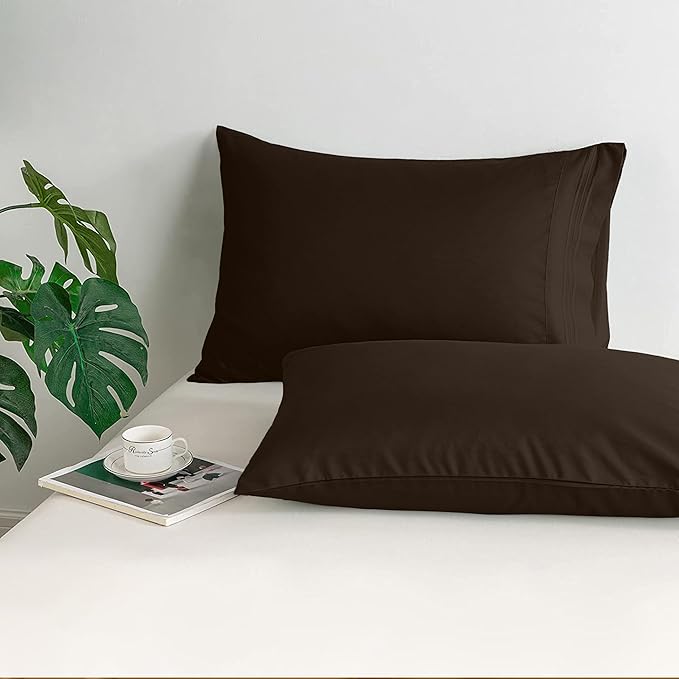 Mocassi 2-Piece Premium King Pillowcase Set 1800 Series Hotel Quality Microfiber - Soft and Breathable with 3-Line Embroidery Wrinkle and Stain Resistant, Easy Care, 20" x 40", Brown