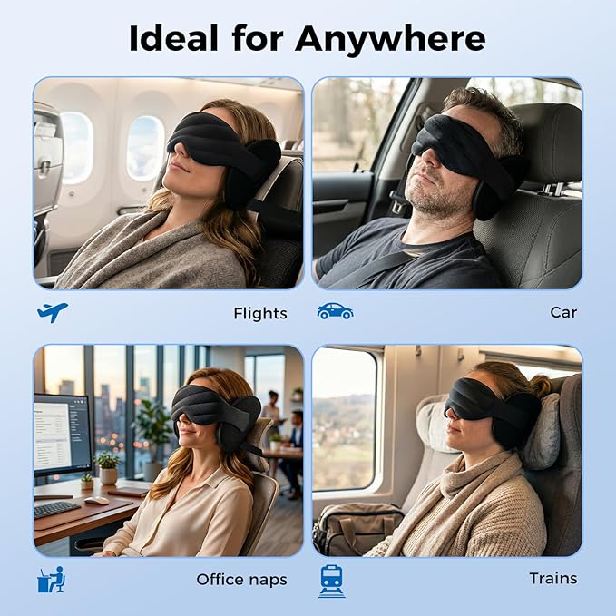 360° Head Support Travel Pillow with Sleep Mask, 2-in-1 Adjustable Headrest Neck Pillow with Eye Mask for Airplane, Car, Office, Light Blocking Sleep Mask for Men Women, Black