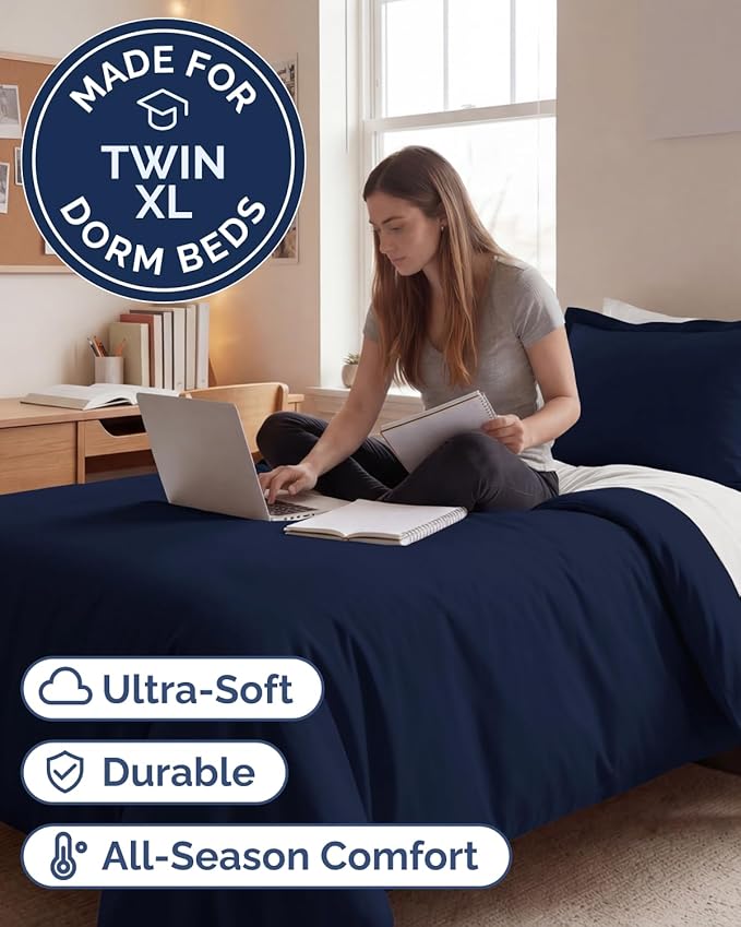 Duvet Cover Twin/Twin XL Size Set - Extra Soft Twin/Twin XL Duvet Cover 68" x 90" with 1 Pillow Sham - Hotel Luxury, Easy Care, Fade Free with Zipper Closures & Ties - Comfy & Breathable (Navy Blue)