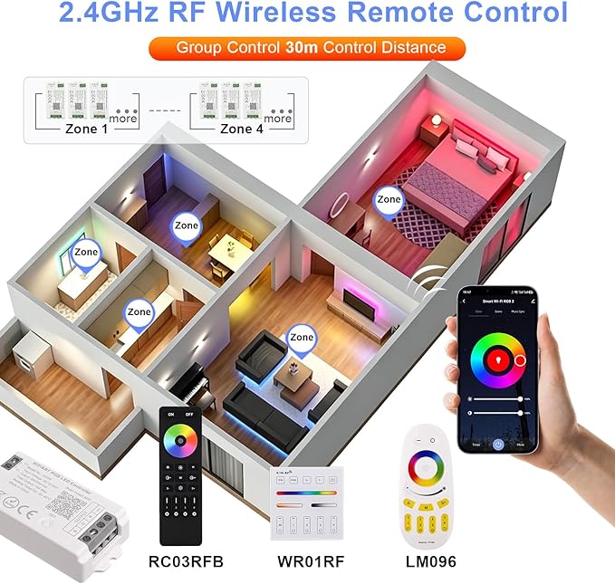 C05W RGBCCT LED Controller, Tuya WiFi 2.4G RF, 6Pin PWM for SMD FCOB Strip, APP & Voice Control, Compatible with Alexa Google Home, Compatible with WR01RF RC03RFB RC04RFB RC05RFB Remote