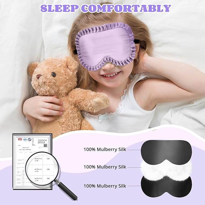 Kids Sleep Mask Eye Cover, 100% Real Mulberry Silk Sleep Mask with Adjustable Strap, Kids Blindfold for Sleeping, Boys Girls Eye Shade for Ages 5+, Soft and No Pressure (Purple)