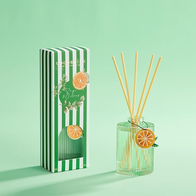 COCORRÍNA Reed Diffuser Set, 6.09 fl oz Sage&Citrus Oil Diffuser with 8 Reed Sticks & Fruit Charm, Long-Lasting Home Fragrance for Bathroom Bedroom Office
