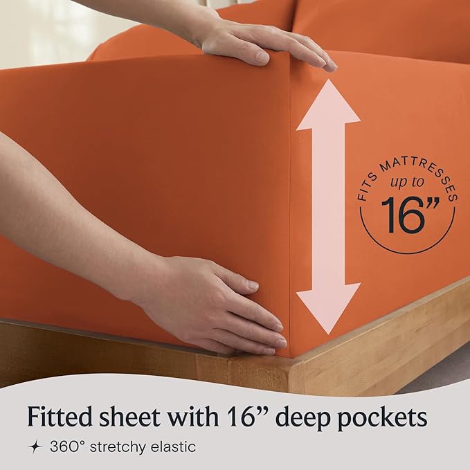 LuxClub 4 PC Full Size Sheet Set Deep Pockets 18" Wrinkle Free Cooling Sheets Machine Washable Hotel Bedding Silky Soft - Autumn Orange Full
