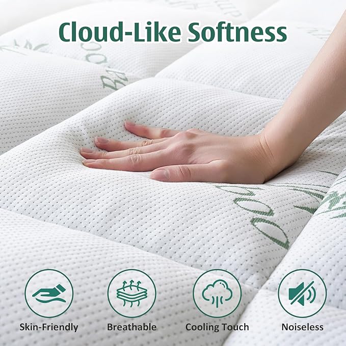 DOWNCOOL Memory Foam Mattress Topper Queen, Cooling Pillow Top Mattress Pad with Viscose Derived from Bamboo, Back Pain Relief, Deep Pocket Fits 8–21 Inch