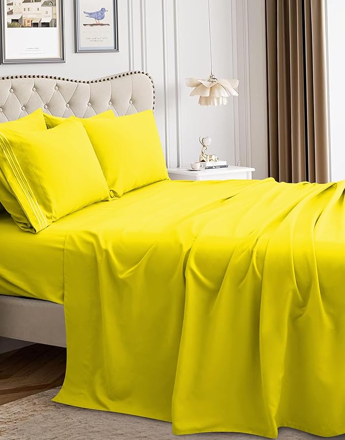 Mocassi Luxury Full 4-Piece Sheet Set - 1800 Premium Hotel Quality - Easy-Fit, Wrinkle, Fade Resistant Bed Sheets and Pillowcases - All Around Elastic Fitted Sheet, Deep Pocket, Yellow