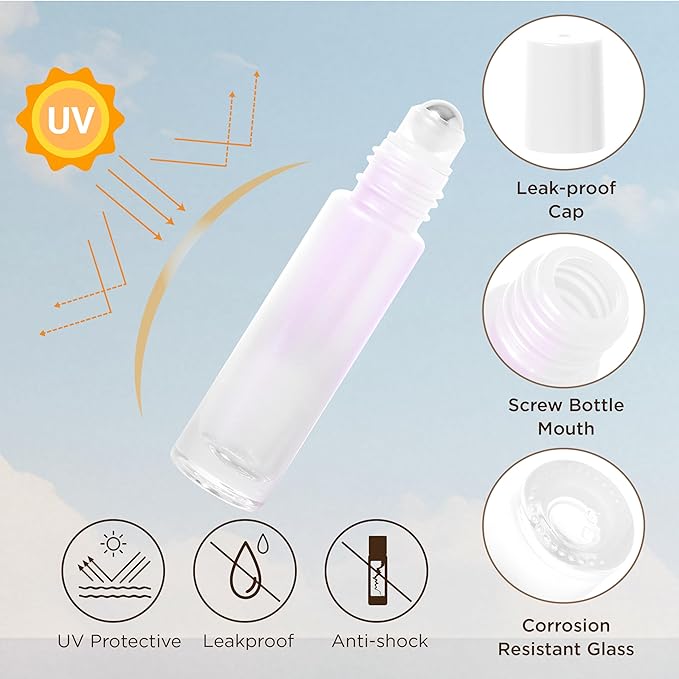 SESENSE Essential Oil Roller Bottles, 10ml Thick Glass Perfume Roller Bottles with Funnel Opener and Dropper Colored Glass Empty Bottles with Stainless Steel Roller Balls (White, 4 Pack)
