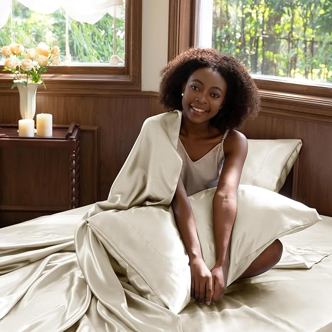 CozyLux Satin Sheets Full Size Sheets - 4 Piece Silky Full Size Bed Sheets, Luxury Beige Full Bed Set with Smooth and Soft Microfiber, Includes 1 Fitted Sheet, 1 Flat Sheet and 2 Pillowcases
