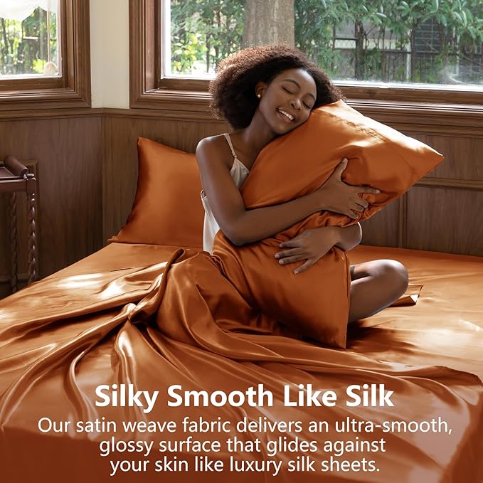 CozyLux Satin Sheets Full Size Sheets - 4 Piece Silky Full Size Bed Sheets, Luxury Terracotta Full Bed Set with Smooth and Soft Microfiber, Includes 1 Fitted Sheet, 1 Flat Sheet and 2 Pillowcases