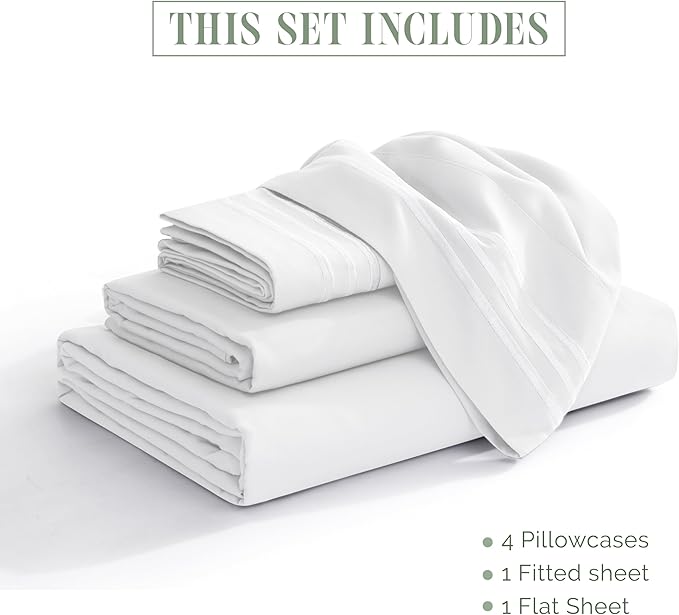 Elegant Comfort Luxurious 1500 Premium Hotel Quality Microfiber Three Line Embroidered Softest 4-Piece Bed Sheet Set, Wrinkle and Fade Resistant, Queen, White