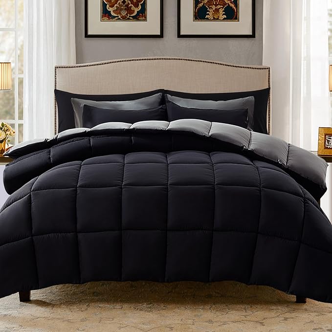 Decroom Lightweight California King Comforter Set with 2 Pillow Sham - 3 Pieces Set - Quilted Down Alternative Comforter/Duvet Insert for All Season - Black/Grey - Cal King Size
