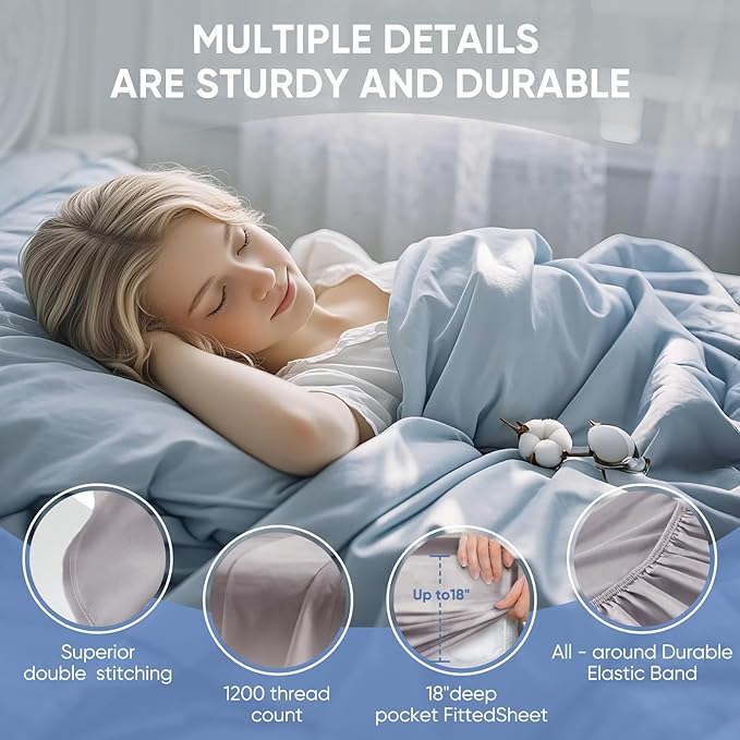 TWK 1200 TC 100% Egyptian Long-Staple Cotton Bedding Sheets Set, Luxury Hotel Style Deep Pocket with Elastic Reinforced Seams Sheet Set, Soft & Comfy Natural Sheets
