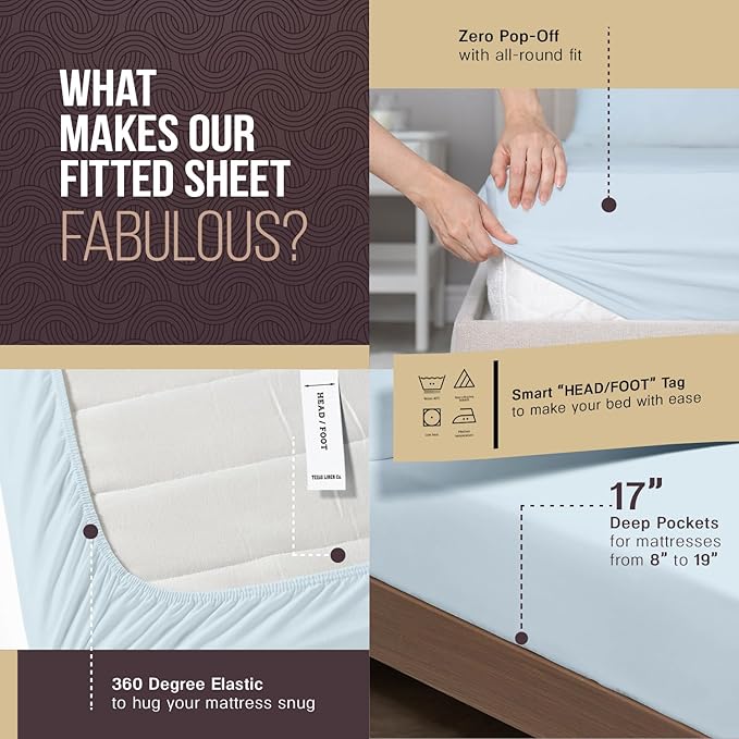 TEXAS LINEN CO. 100% Egyptian Cotton Sheets King Size - Snoozin' Supreme Collection 2000 Series Luxury King Bed Sheet Set, Cooling Sateen Weave, 17” Extra Deep Pocket Hotel Sheets (4 Pc, Light Blue)