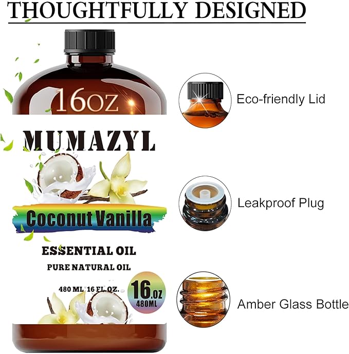 Coconut Vanilla Essential Oil, Coconut Vanilla Oil 16 Fl Oz 480ML for Diffuser Humidifier Yoga Cleaning DIY Candle Soap Making MUMAZYL Essential Oils