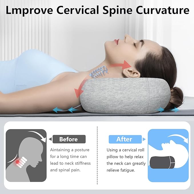 Cervical Neck Roll Pillow, Say Goodbye to Neck Pain, Travel Neck Support Pillow for Side Sleepers, Ergonomic Memory Foam Camping Pillow, Cervical Traction Device with Storage Bag (Gray)