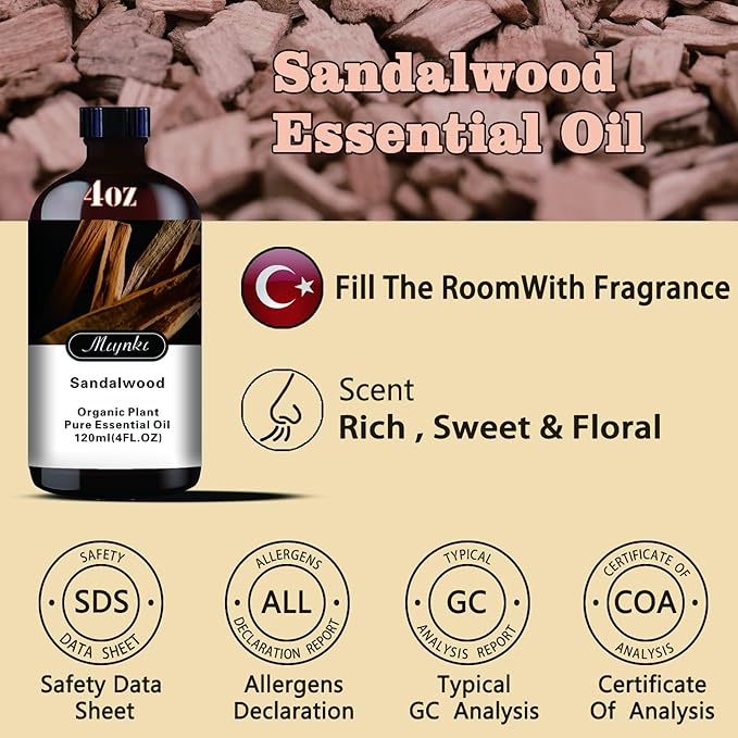 Sandalwood Essential Oil – MLYNKL Sandalwood Oils 4.33 fl oz for Diffusers, Humidifiers, Massage, DIY Candles, Soap, Cleaning, Home, Yoga, Office, Gifts - 130 ml
