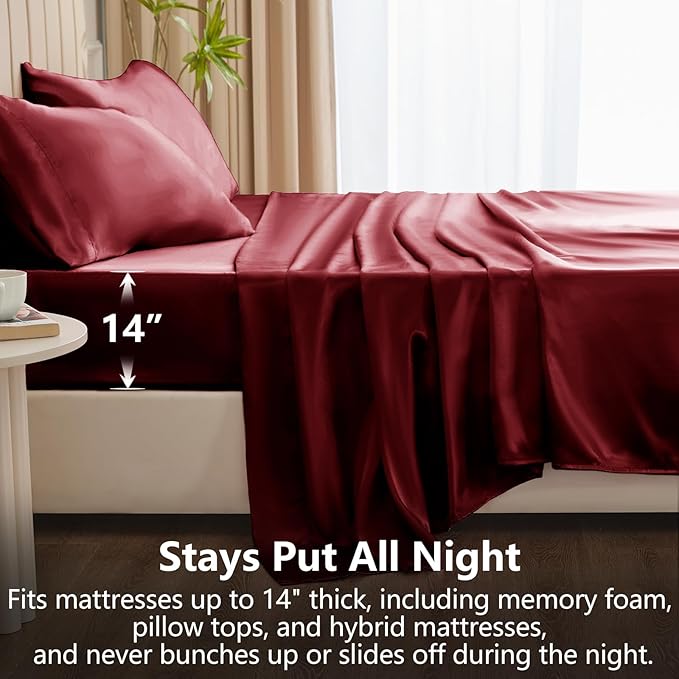 CozyLux Satin Sheets King Size Sheet Set - 6 Piece Silky King Sheets, Luxury Burgundy King Bed Set with Smooth and Soft Microfiber, Includes 1 Fitted Sheet, 1 Flat Sheet and 4 Pillowcases