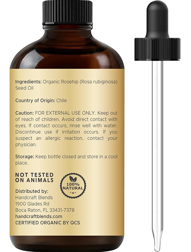 Handcraft Blends Cold-Pressed Organic Rosehip Oil | 1 Fl Oz | 100% Pure and Natural | Premium Grade Oil | Face, Skin and Hair | Protect | Nourish | Carrier Oil
