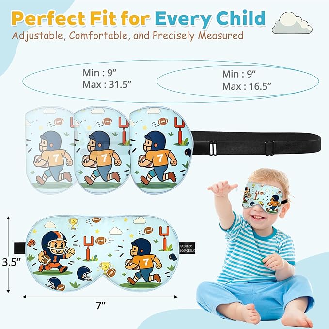 Kids Silk Sleep Mask – 100% Mulberry Silk Eye Cover, Kid Eye Mask with Adjustable Strap, Soft & Breathable Blackout Sleeping Mask for Boys and Girls Ages 5-15 (Football Style)