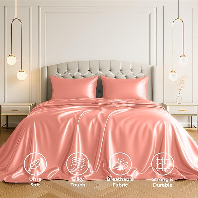 Pure Bedding Satin Sheets Queen [4-Piece, Blush Pink] Hotel Luxury Silky Bed Sheets - Extra Soft 1800 Microfiber Sheet Set, Wrinkle, Fade, Deep Pocket Fitted Sheet, Flat Sheet, Pillow Cases