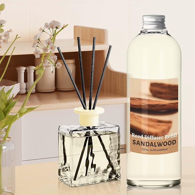 STRN Sandalwood Reed Diffuser Refill 500ml with 6 Natural Reed Sticks, Premium Aromatherapy for Home, Long-Lasting Fragrance for Living Room, Bedroom, Office | Alcohol-Free