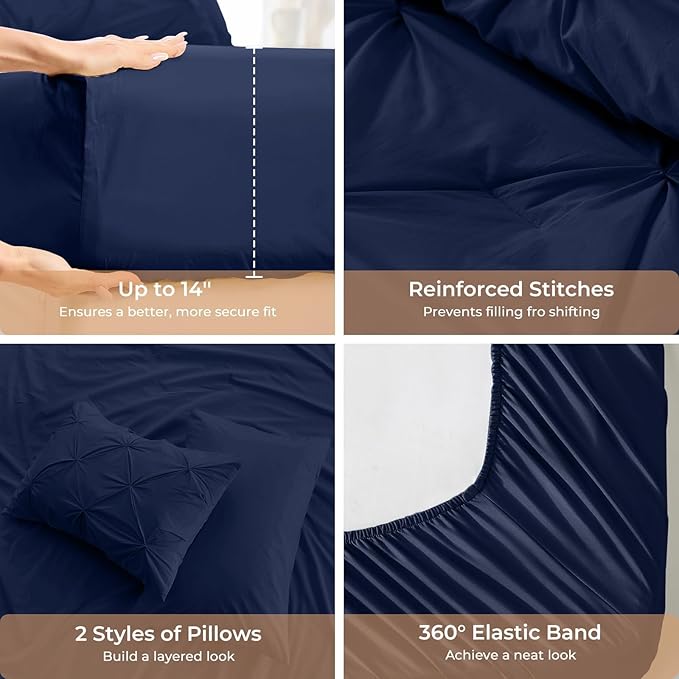 Sasttie Twin Comforter Set, 5-Piece Bed in a Bag, Pintuck Bedding Sets for All Season, Includes Comforter, Flat Sheet, Fitted Sheet, Pillowcase and Pillowsham, Navy
