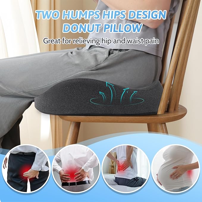 Donut Pillow,Tailbone Pain Relief Cushion, Hemorrhoid Pillow with Two Humps Hip Curve Design, Donut Pillow for Postpartum Pregnancy, L Size Donut Cushion, Grey