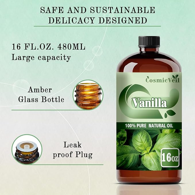 Vanilla Essential Oil Vanilla Oil for Aroma Diffuser,Humidifier,Home Fragrance,Cleaning,Body Care,Massage,Yoga,DIY Candle,DIY Soap CosmicVeil（Vanilla，16 Fl Oz (Pack of 1)）