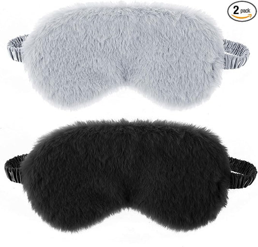 2 Pcs Plush Sleep Eye Mask Cute Soft Sleeping Blindfold Adjustable Furry Nap Eye Cover Night Comfortable Faux Fur Eyeshade for Plane Game Winter Men Women Gift