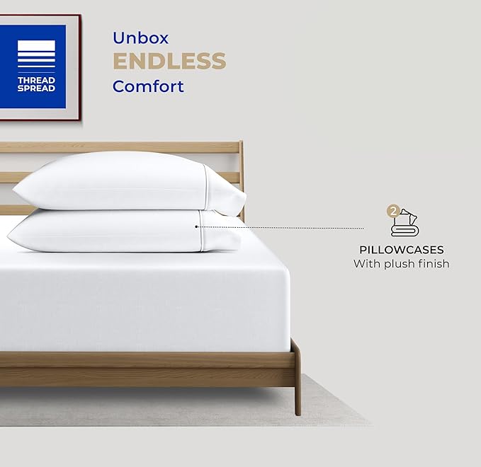 Thread Spread 100% Cotton King Size Pillow Cases Set of 2 - Luxury 400 Series Glee Collection Pillow Cases King Size (White), Soft Cooling Breathable & Durable Sateen Hotel Cotton Pillowcases