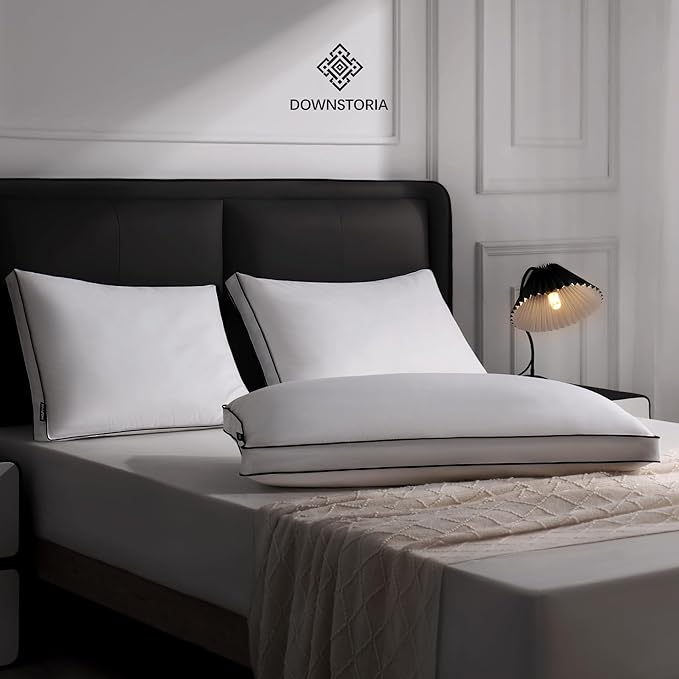DOWNSTORIA Feather Down Pillows Standard Size Set of 2 with Gusset, Luxury Hotel Collection Bed Pillow 2 Pack, Down Surrounded Gusseted Pillows for Sleeping, Soft for Side, Back Sleepers 20x26 in.