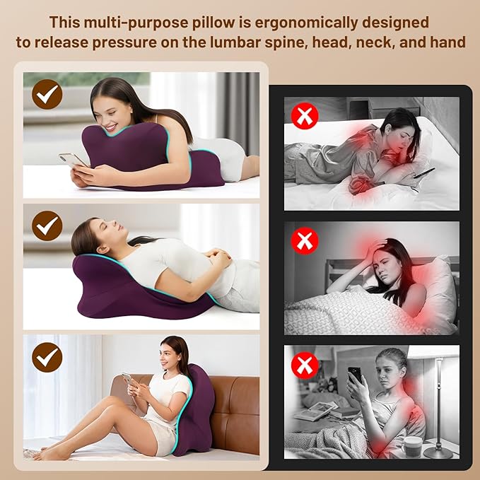 Memory Foam Ergonomic Wedge Pillow, Reading Pillow for Bed, Headboard Pillow Support for Back Pain, Acid Reflux & Sitting Up, Ideal for Massage with Removable Cover-Purple