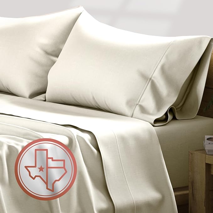 TEXAS LINEN CO. Luxury Egyptian Cotton 4 Piece Full Size Sheet Set - Texan Talkin' Collection 600 Series Deep Pocket Fitted and Flat Sheets, Cooling Extra Long Staple Sateen Hotel Bedding - Ivory