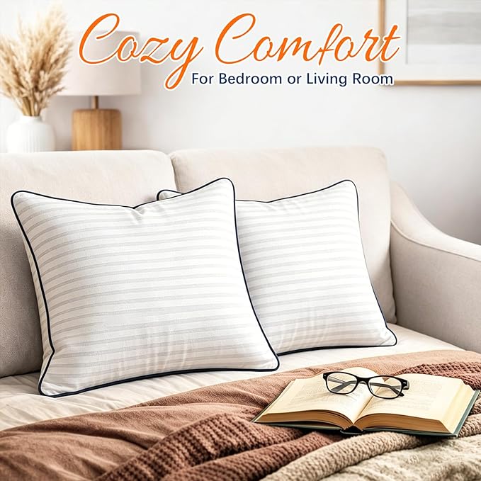 Yettbea 20x20 Inches Pillow Inserts Set of 2- Premium Soft Down Alternative Fill, Decorative Throw Pillows for Couch, Bed & Sofa, Supportive White Striped Bedroom Pillow Forms