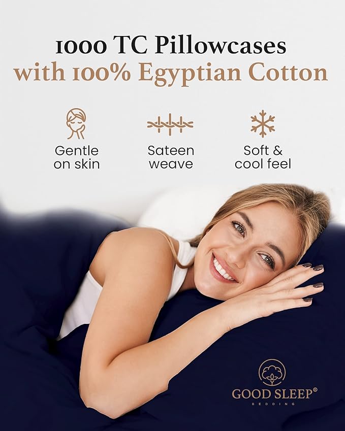 1000 TC Navy Blue Standard Pillowcases Set of 4 100% Egyptian Cotton Pillow Cases with Long Staple Cotton & Sateen Weave, Silky Soft Hotel - Like Bed Pillow Covers for Comfy Sleeping, Snug Fit