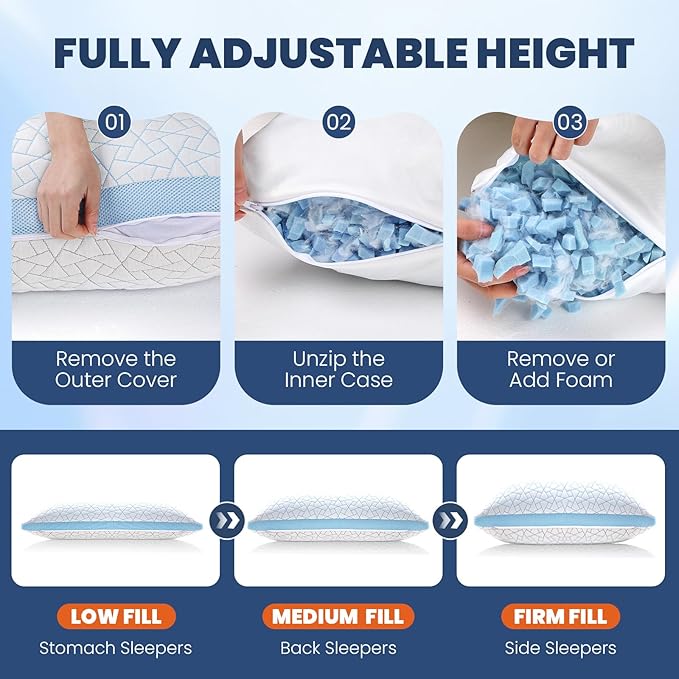 A-Pce Adjustable Pillow, Queen Size Bed Pillows for Sleeping, Shredded Memory Foam Pillows, Cooling Pillow for Side, Back, Stomach Sleepers, Bed Pillows for Hot Sleepers,Extra Fill Included