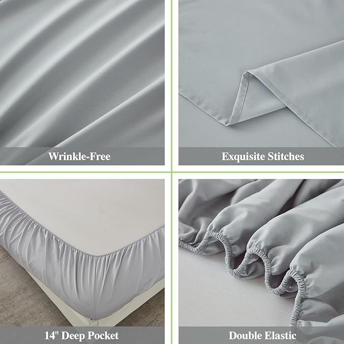 ILAVANDE King Size Sheets Set, 4 Piece Hotel Luxury Super Soft 1800 Series Microfiber Grey Bed Sheets King Set-Wrinkle Free & Breathable-14 Deep Pocket Sheets for King Size Bed(King,Light Grey)