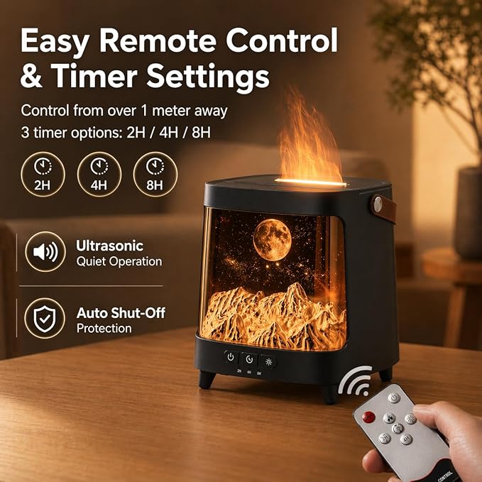 Flame Aroma Diffuser with Remote Control, 200ml Quiet Essential Oil Humidifier with 7 Color Lights, 2 Mist Modes, 3 Timer Settings, Auto Shut-Off, Compact Gift for Home, Office
