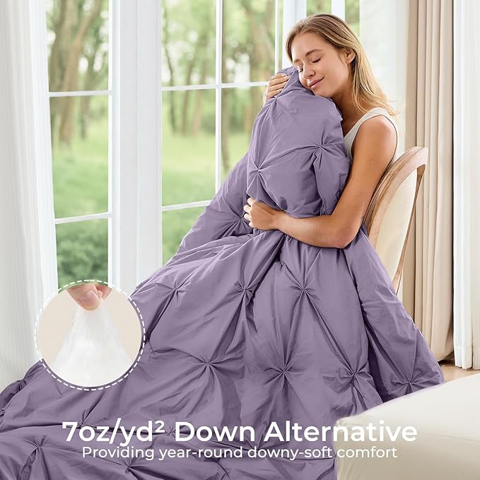 Sasttie Twin Comforter Set, 5-Piece Bed in a Bag, Pintuck Bedding Sets for All Season, Includes Comforter, Flat Sheet, Fitted Sheet, Pillowcase and Pillowsham, New Purple