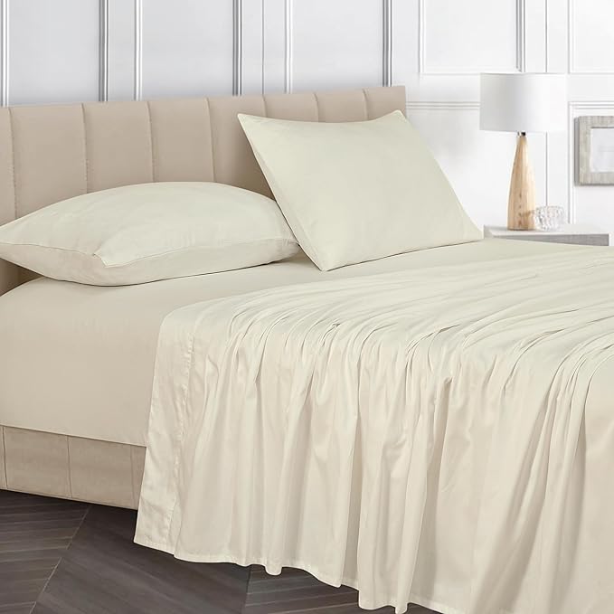 ROYALE LINENS Bamboo Viscose King Sheet Set - Cooling Bed Sheet Set - 1 Fitted, 1 Flat & 2 Pillowcase - Fits Up to 16" - Organic Viscose Derived from Bamboo - Bedding Sheet Set (King, Egret)
