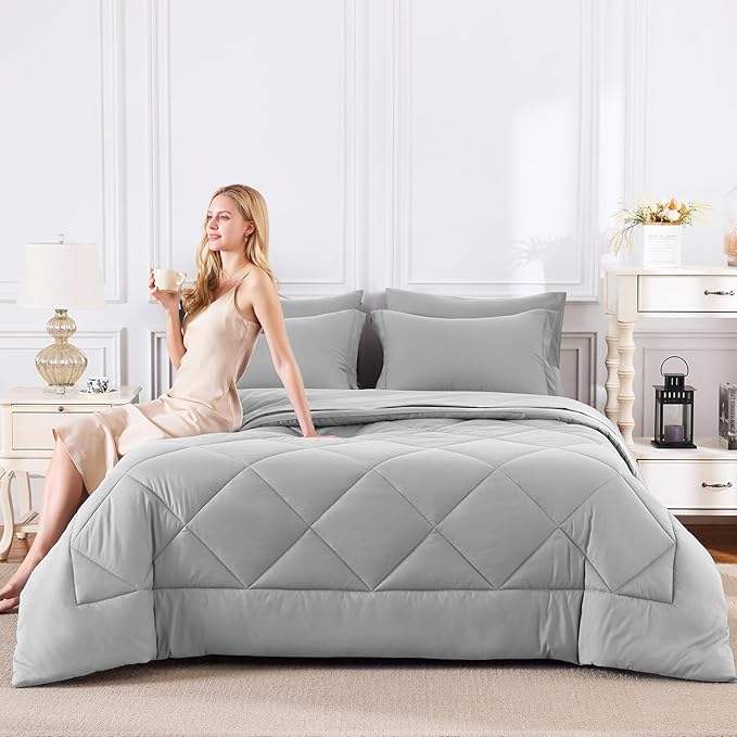 CozyLux Twin XL Comforter Set Light Grey - 5 Pieces Twin Extra Long Bed in a Bag for College Dorm, All Season Bedding Set for Girls and Boys, Soft Bed Set with Comforter, Sheets, Pillowcase & Sham