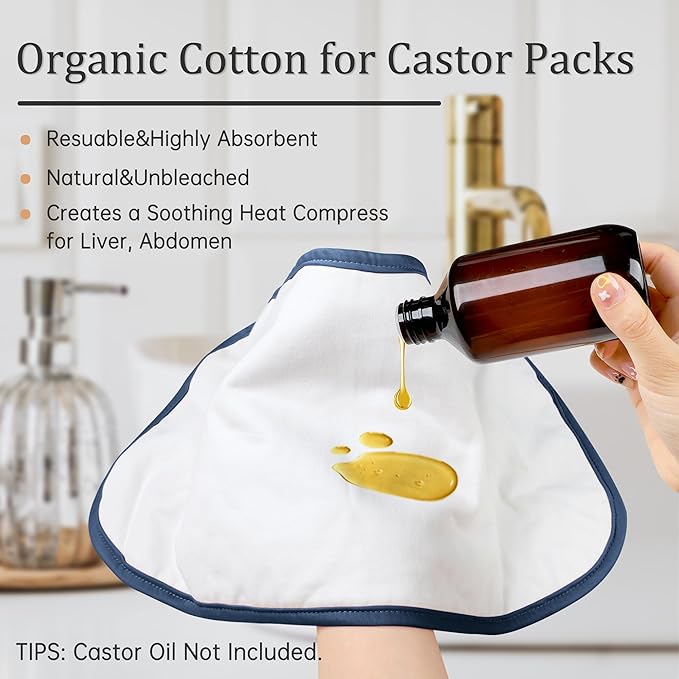 Reusable Castor Oil Pack Wrap for Liver Detox, Castor Oil Wrap for Stomach Less Mess, Elastic Strap Bamboo Cotton Machine Washable Anti Oil Leak 2pcs, Blue and White