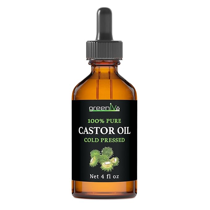 GreenIVe 100% Pure Castor Oil – Cold-Pressed, Hexane-Free – Hair, Eyebrows, Eyelashes, Skin Moisturizer, Castor Pack Wrap Oil Glass Bottle (4 Fl oz)